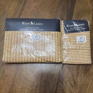 Vintage 90s Ralph Lauren Wicker Multi King Flat Sheet 2 King Pillowcases NEW